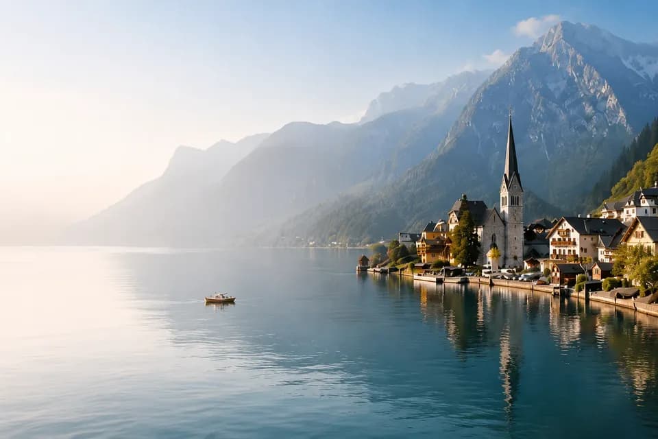 Calm alpine village beside a clear mountain lake